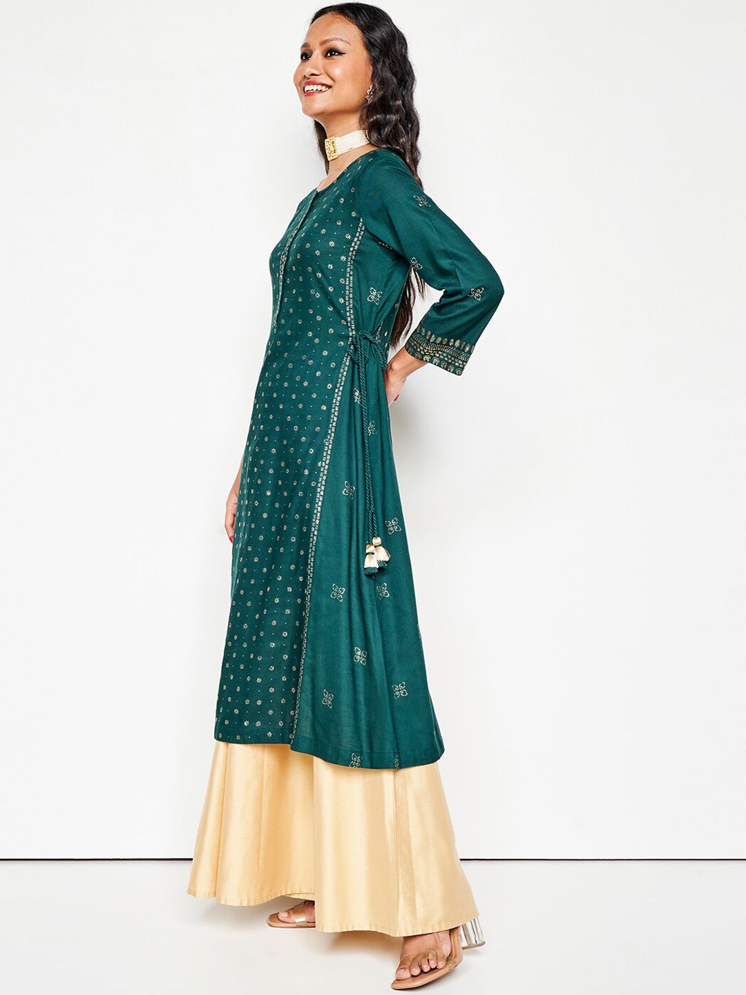 Global Desi Round Neck Long Sleeves Ethnic Rayon A Line Kurta