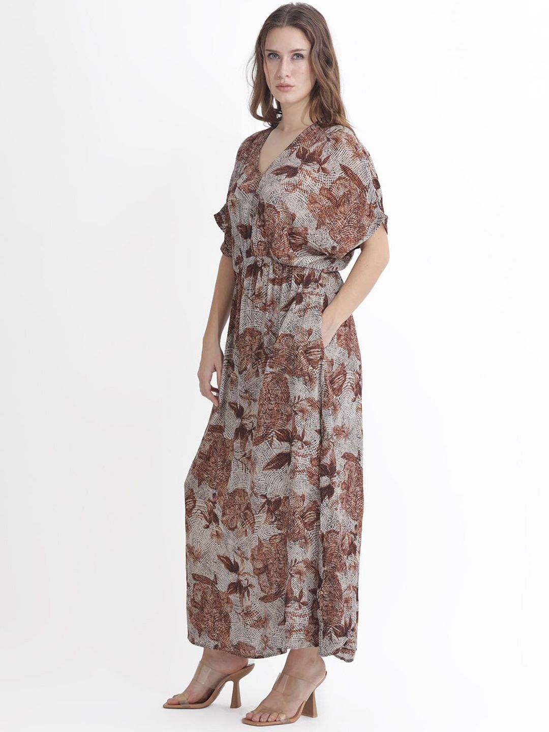 Rareism Abstract Printed V-Neck Fit and Flare Maxi Dress