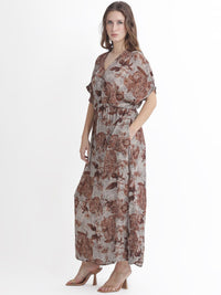 Rareism Abstract Printed V-Neck Fit and Flare Maxi Dress