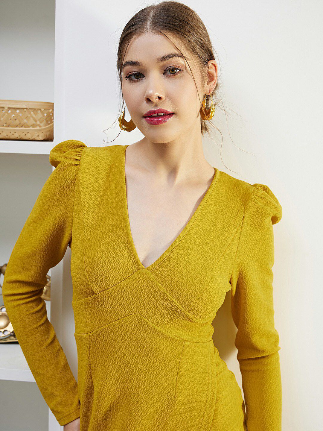 Berrylush Yellow Puff Sleeves V-Neck Wrap Mini Dress