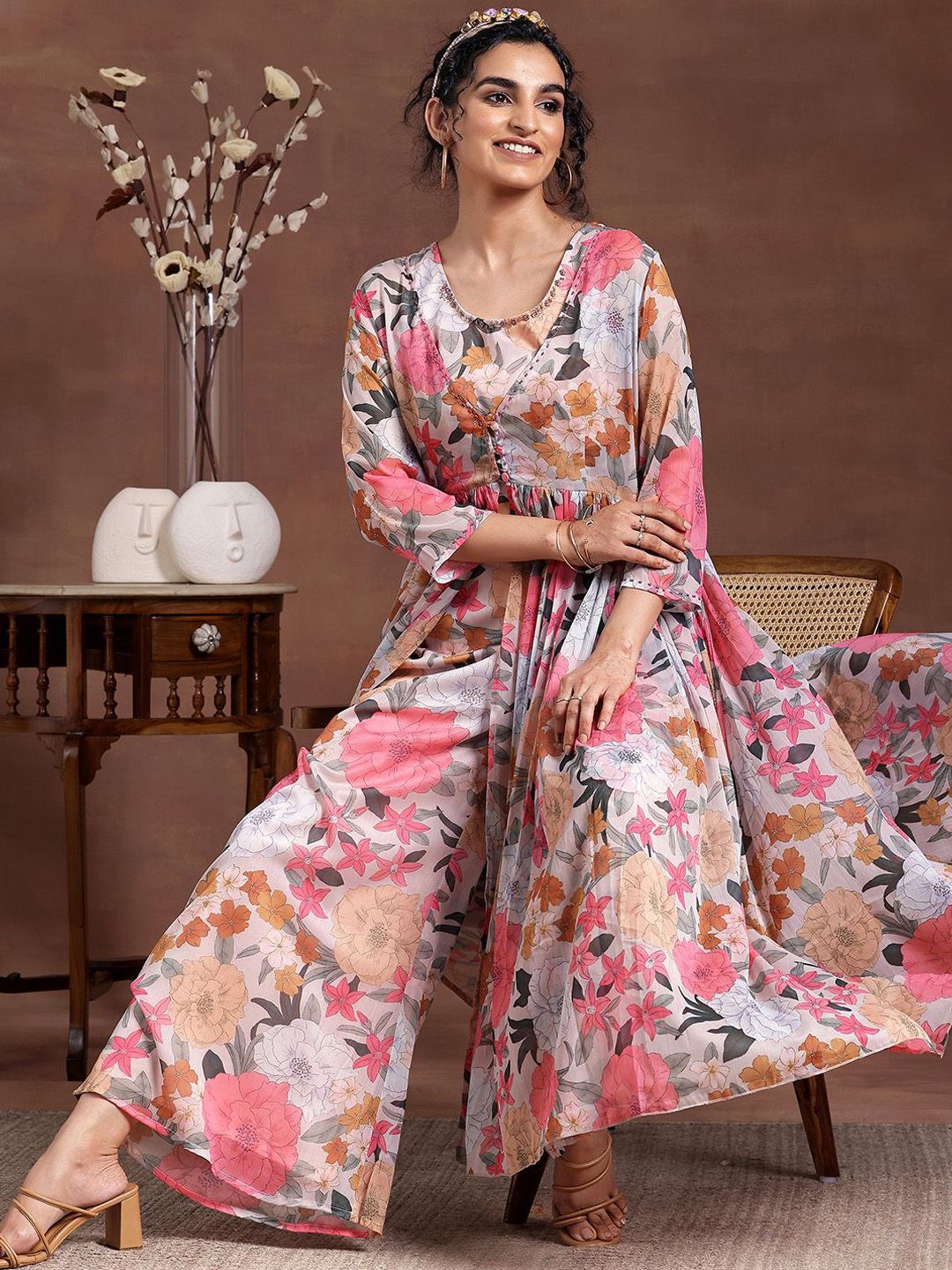 Libas Women floral Printed Tunic, Shrug & Palazzos Co-Ords Co-Ords