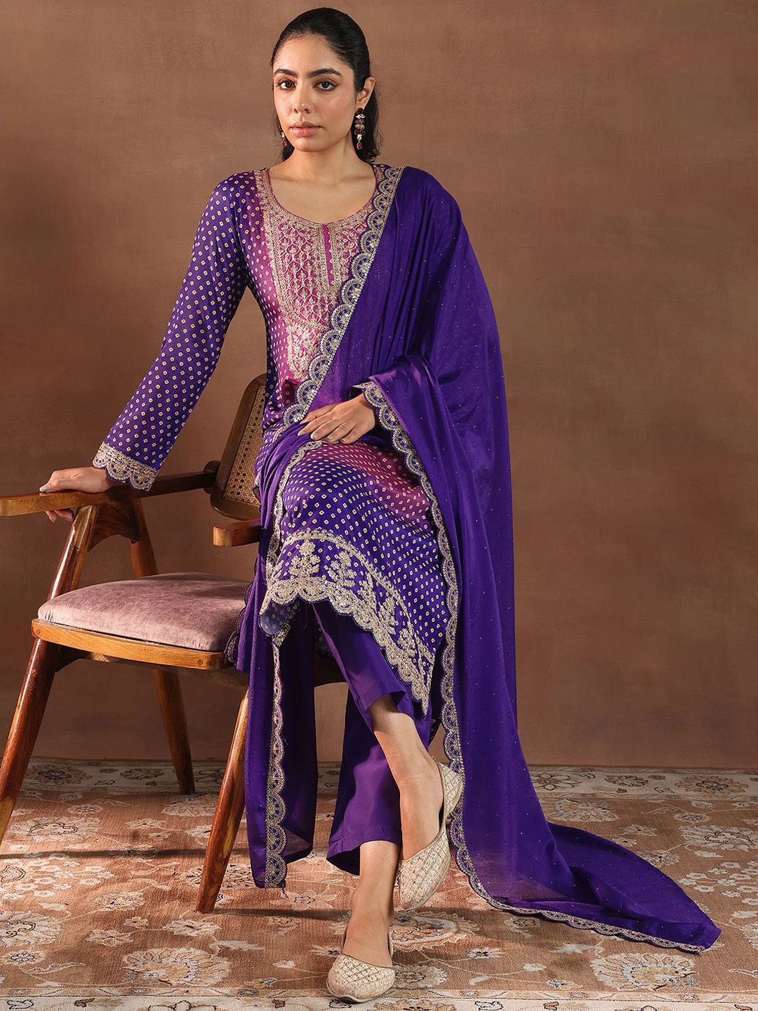 Libas Women Bandhani Printed Regular Kurta with Trousers & With Dupatta