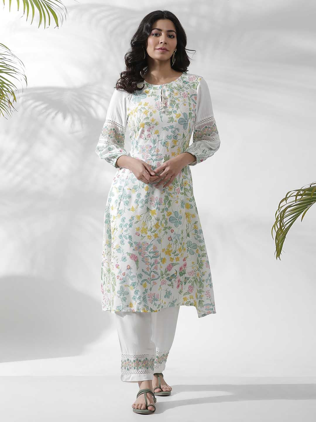 W Floral Printed Keyhole Neck Puff Sleeves A-Line Kurta
