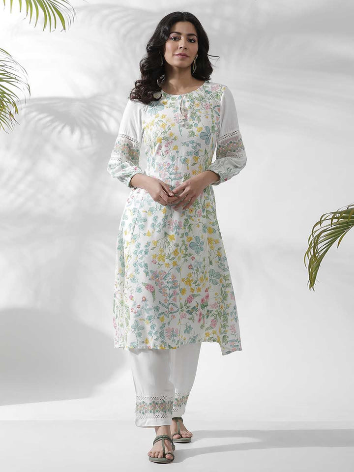 W Floral Printed Keyhole Neck Puff Sleeves A-Line Kurta