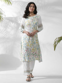 W Floral Printed Keyhole Neck Puff Sleeves A-Line Kurta