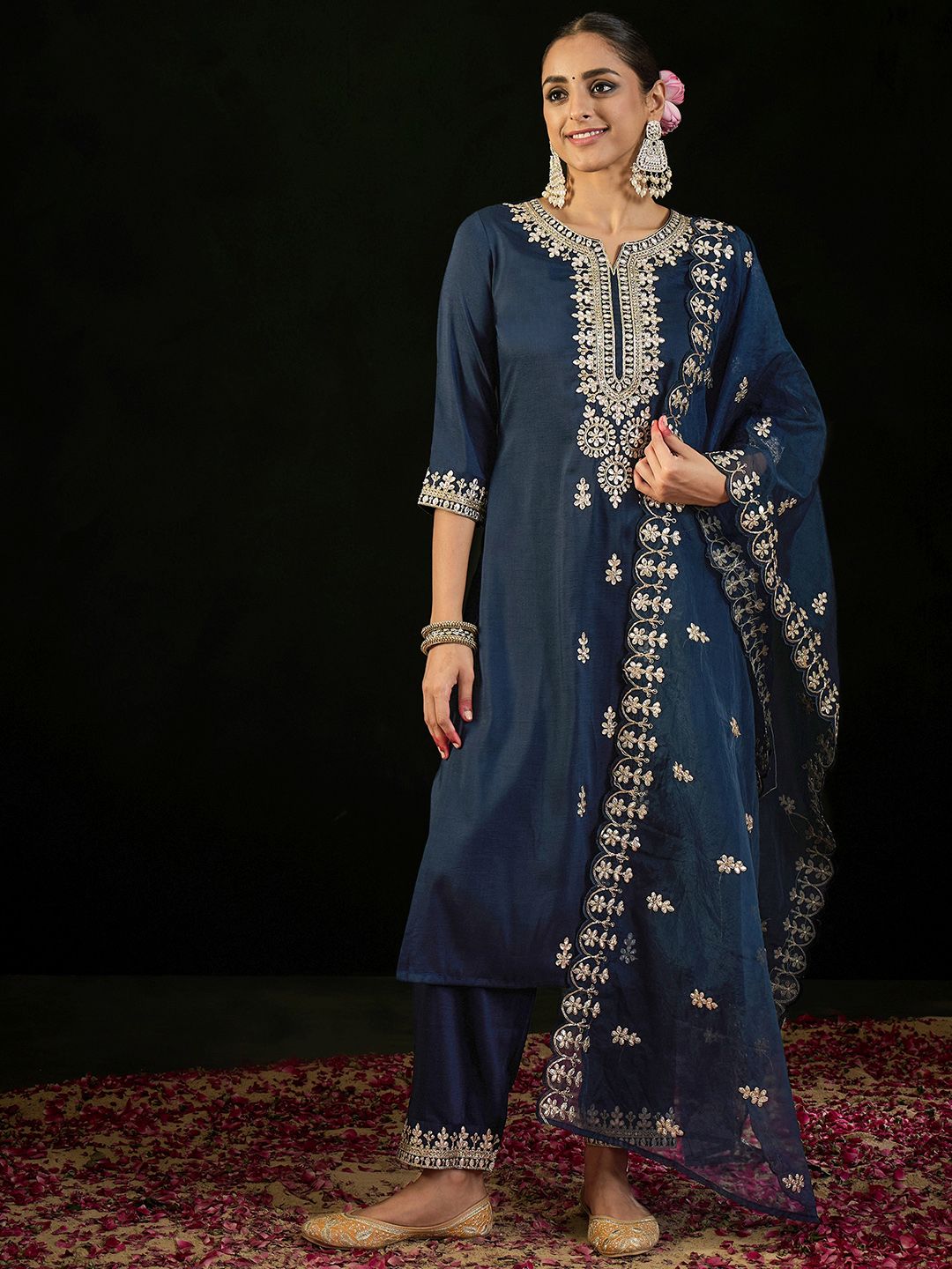 Indo Era Notched Neck Ethnic Motifs Embroidered Gotta Patti Kurta with Trouser & Dupatta