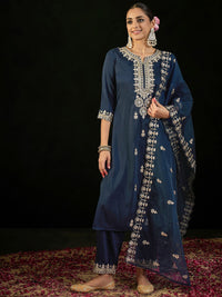 Indo Era Notched Neck Ethnic Motifs Embroidered Gotta Patti Kurta with Trouser & Dupatta