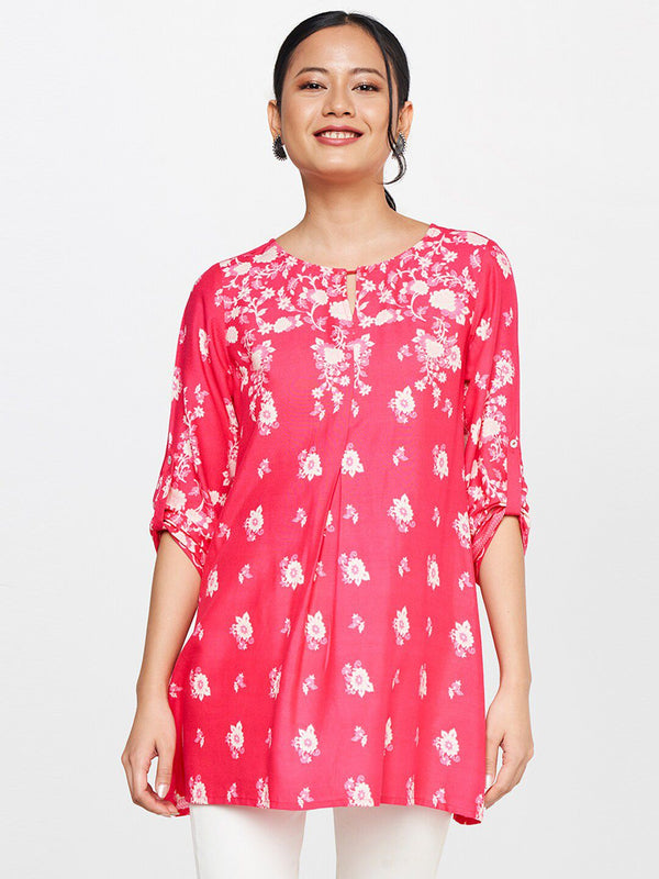 Global Desi Floral Printed Keyhole Neck Roll up Neck A-Line Top