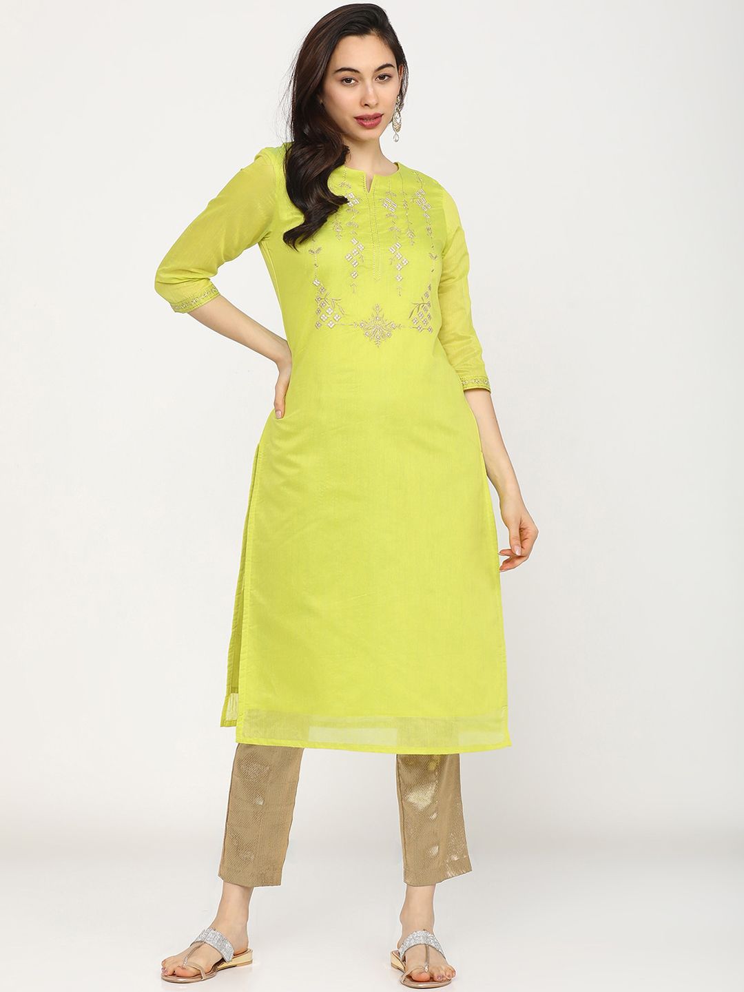 Vishudh Women Lime Green Embroidered Kurta