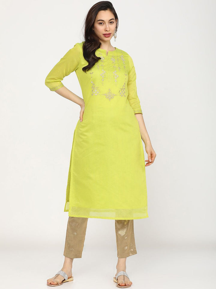 Vishudh Women Lime Green Embroidered Kurta