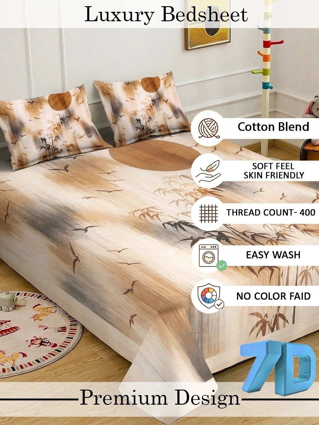 Moda Rapido X KLOTTHE Beige Floral 400 TC King Bedsheet with 2 Pillow Covers