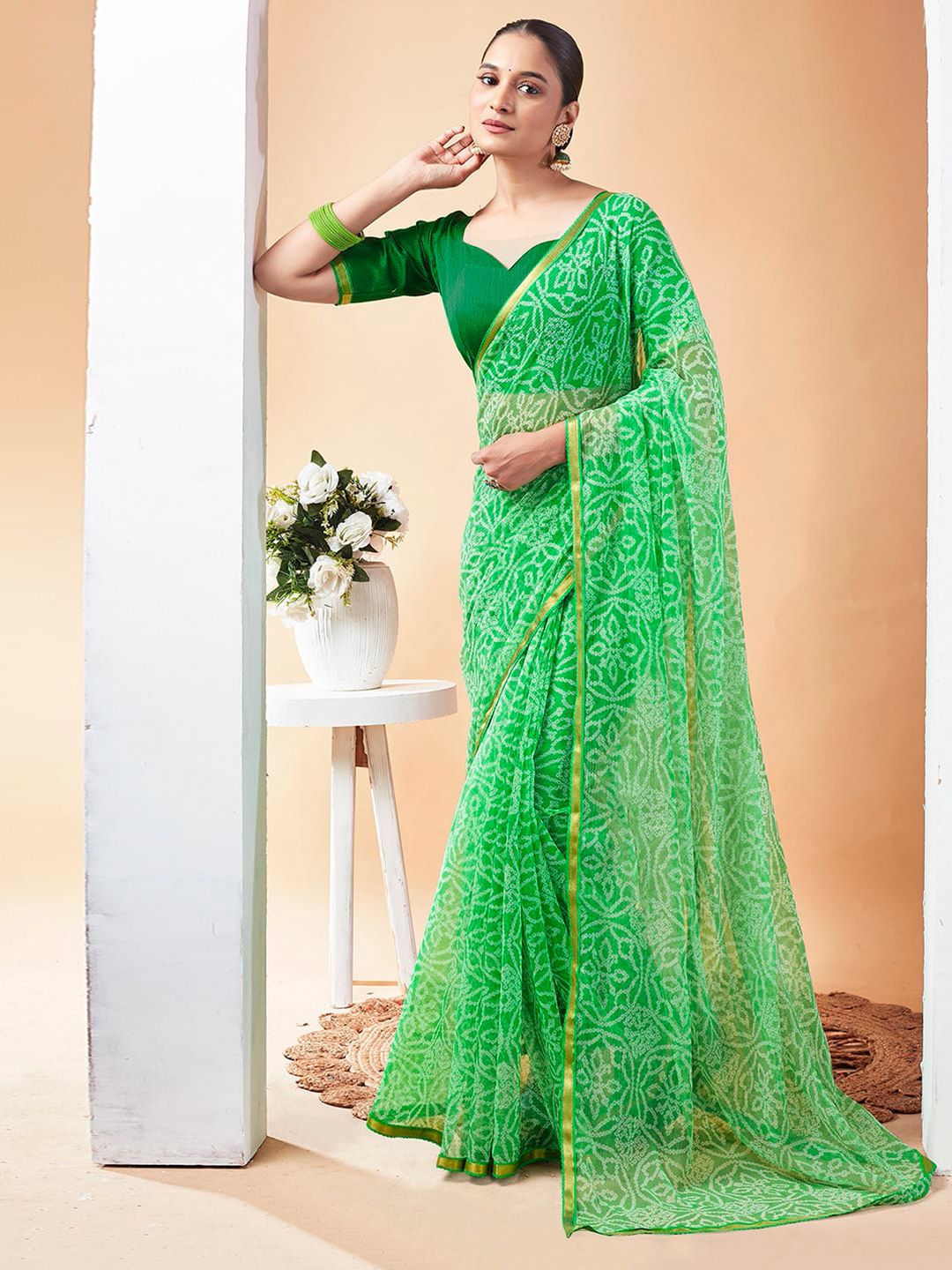 KALINI Bandhani Zari Pure Chiffon Bandhani Saree