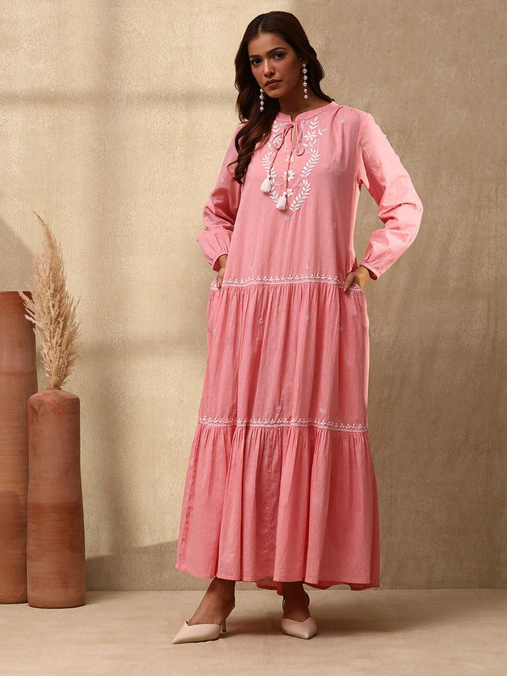House of Chikankari Women Dust Pink Cotton Chikankari Dress Sulam