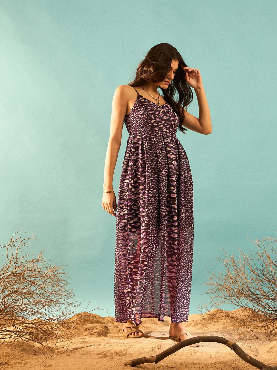 Berrylush Black Animal Printed Shoulder Straps Maxi Dress