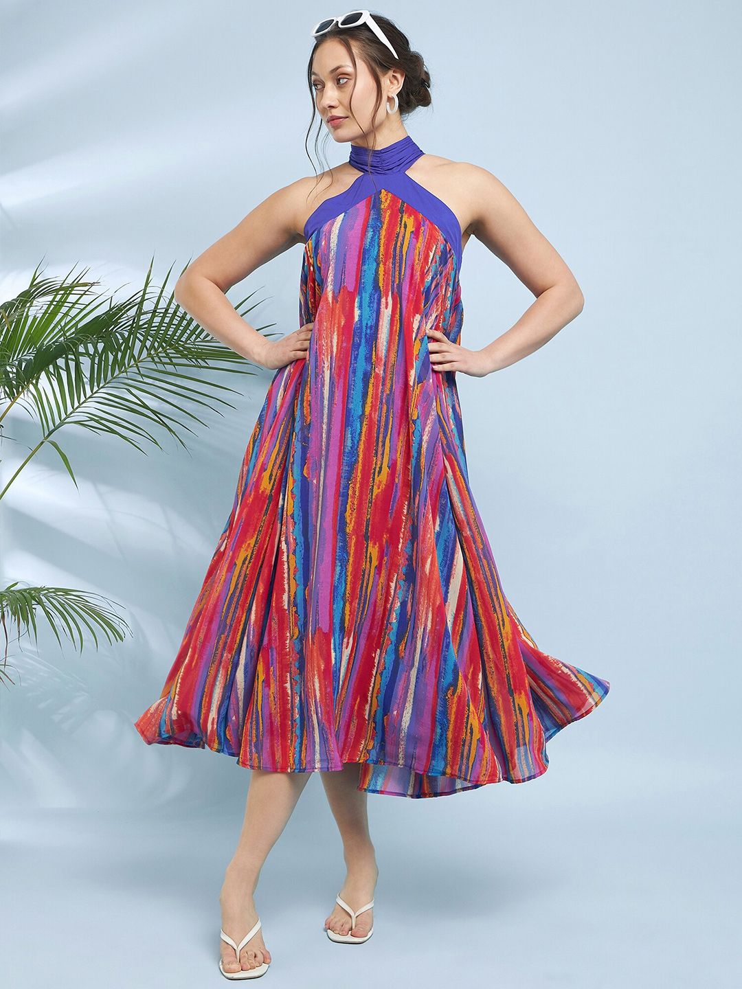 Antheaa Striped Printed Halter Neck A-Line Midi Dress