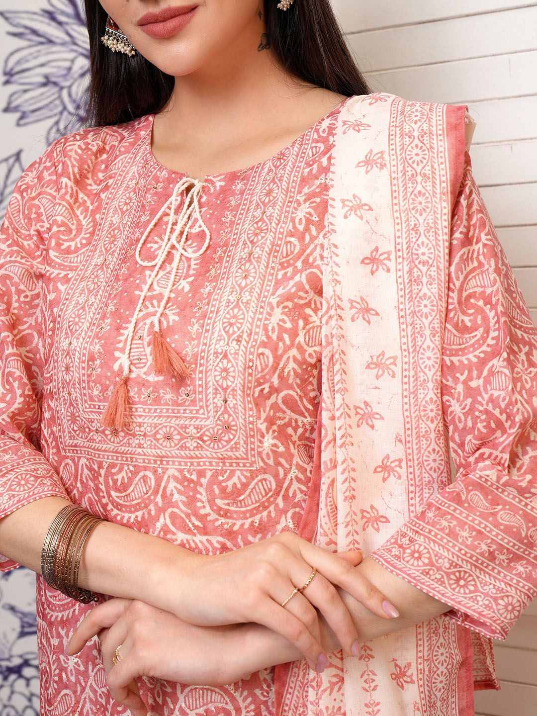 Vishudh Pink Paisley Printed Regular Pure Cotton Kurta with Trouser & Dupatta