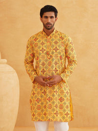 SOJANYA Kurta Bercetak Motif Etnik Kuning & Hitam Lelaki
