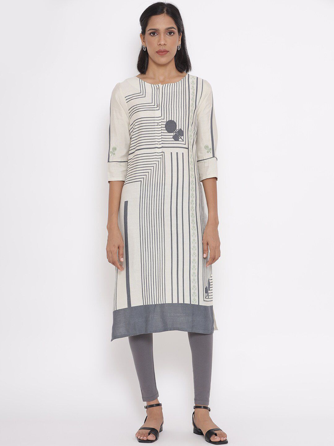 W Women White & Grey Striped A-Line Kurta