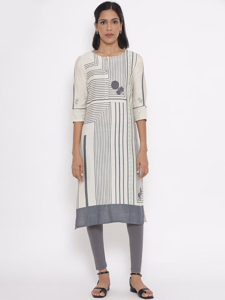 W Women White & Grey Striped A-Line Kurta