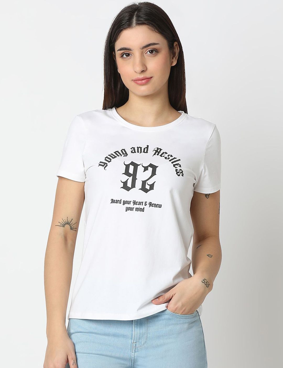 SPYKAR Women Typography Printed Round Neck Cotton T-shirt