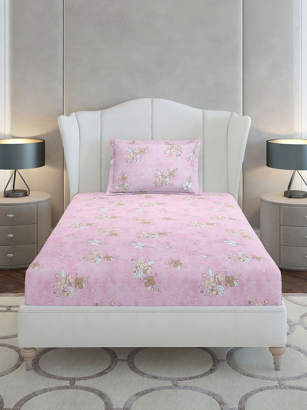 Monte Carlo Pink & White Floral Printed Cotton 104 TC Single Bedsheet Set-2.24 m x 1.52 m