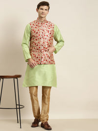 SOJANYA Men Green Striped Kurta with Churidar & Nehru Jacket