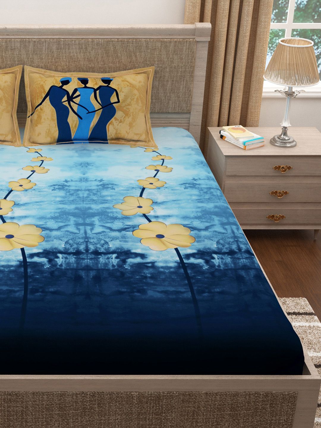 Story@home Blue & Beige Floral 300 TC Cotton 1 King Bedsheet with 2 Pillow Covers