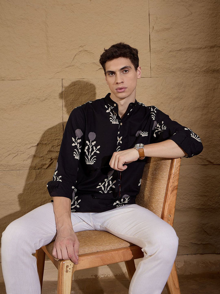 Dennison Floral Printed Cotton Band Collar Lurus Kurta