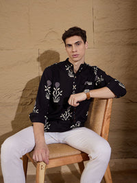 Dennison Floral Printed Cotton Band Collar Lurus Kurta