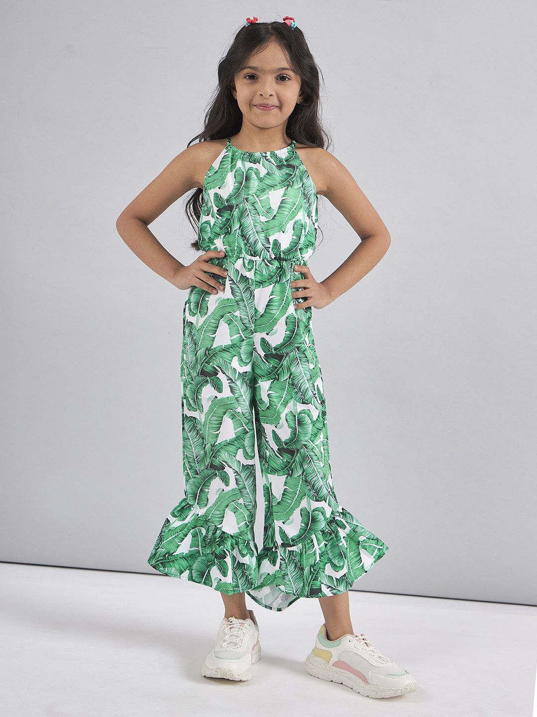 pspeaches Girls Halter Neck Printed Silk Basic Jumpsuit