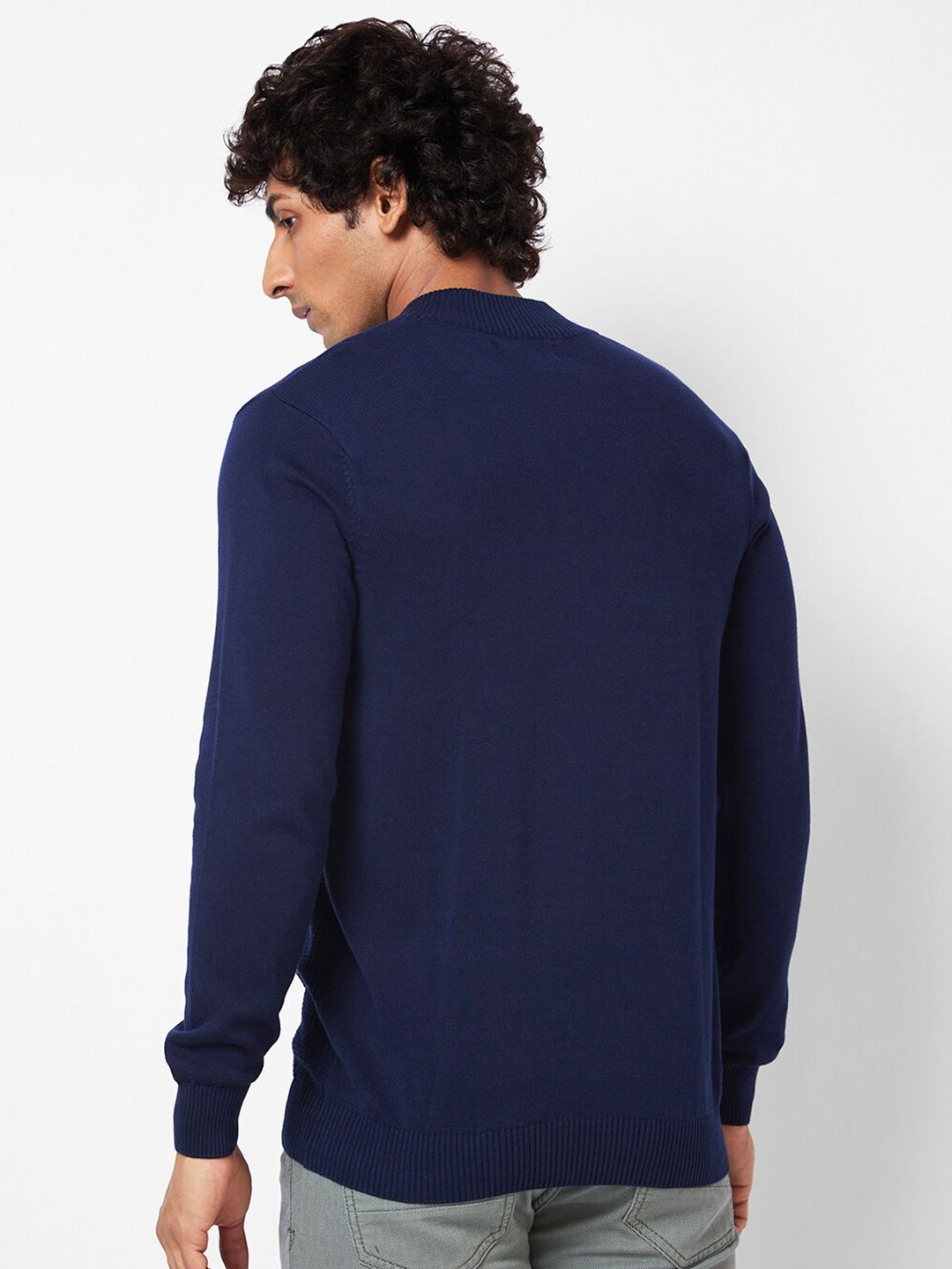 SPYKAR Striped Self Design Mock Collar Half Zipper Ribbed Cotton Pullover Sweater