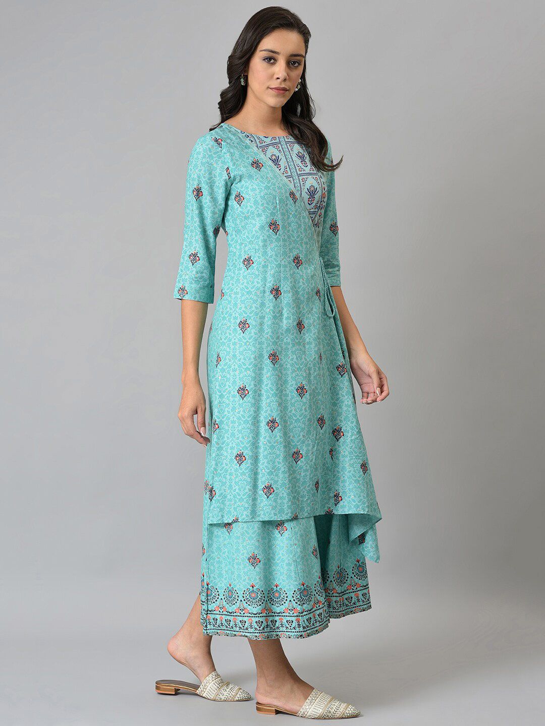 W Women Light Blue Glitter Printed Angrakha Jumpsuit