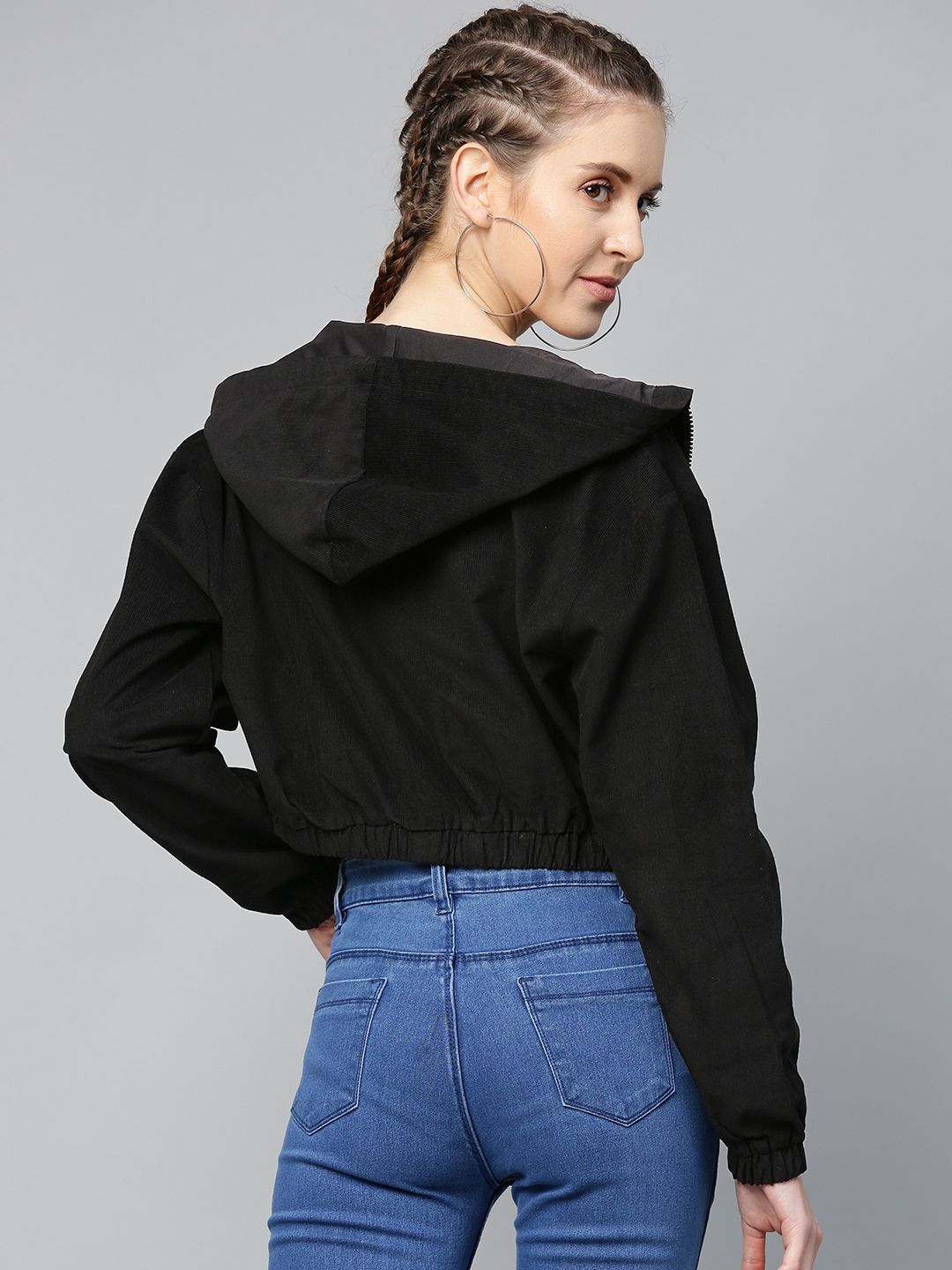SASSAFRAS Women Black Solid Corduroy Cropped Bomber Jacket