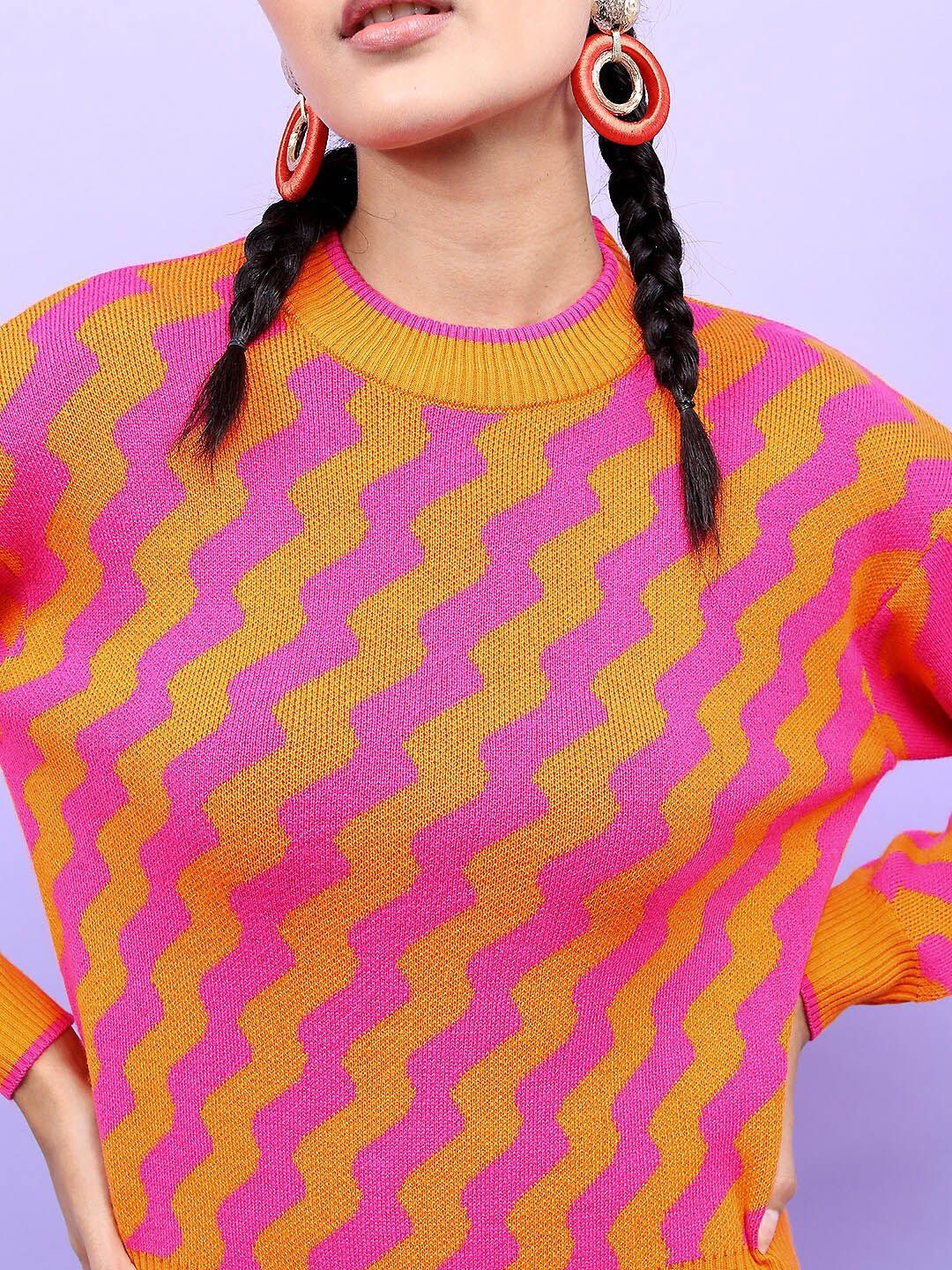 Tokyo Talkies Women Orange & Pink Jacquard Pullover Sweater