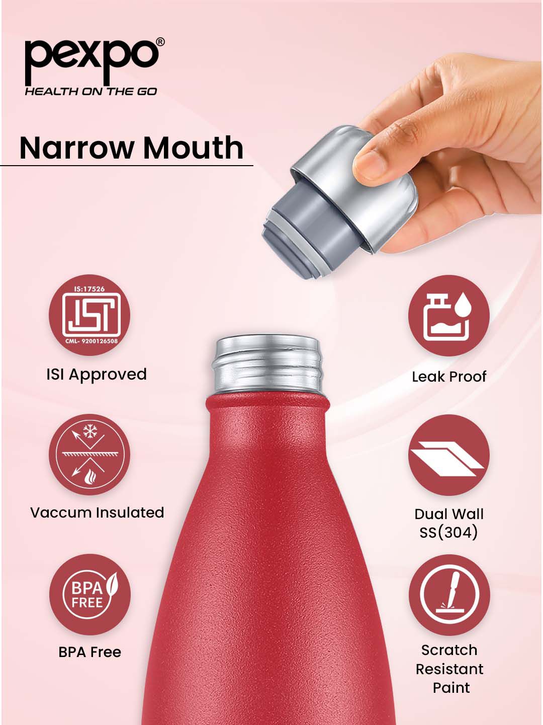 Pexpo Electro Red ISI Certified Thermosteel 24Hrs Hot & Cold Insulated Water Bottle 980ml