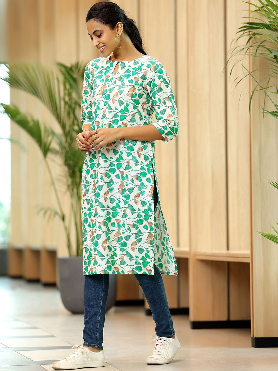 Libas Off White Floral Printed Keyhole Neck Straight Kurta
