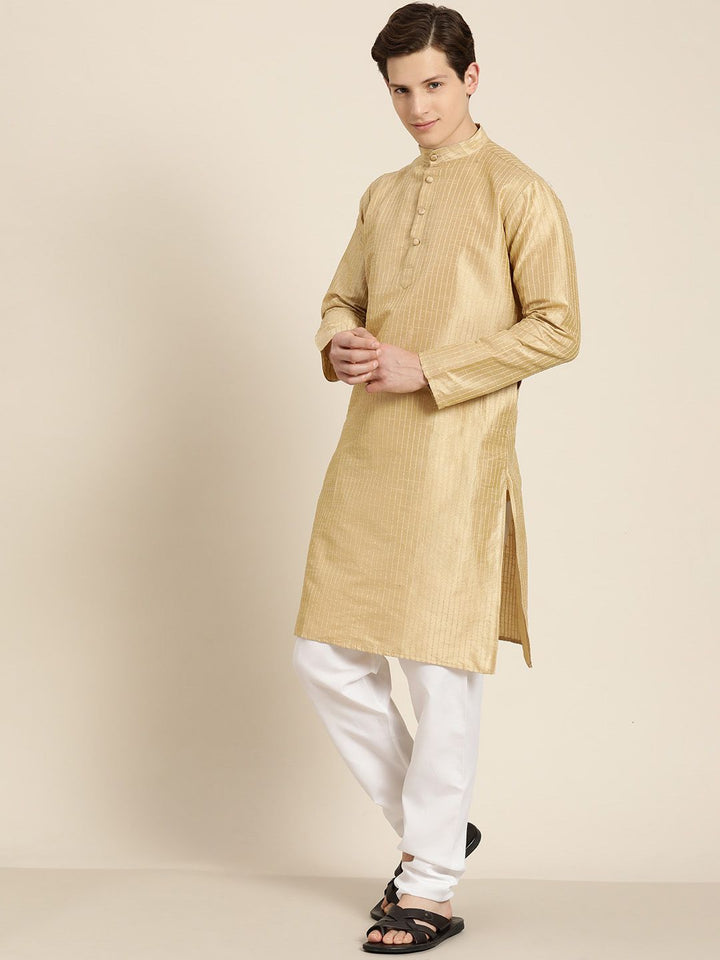 SOJANYA Men Beige Striped Kurta with Pyjamas  & Nehru Jacket