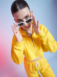 STREET 9 Yellow Mock Collar Pure Cotton Crop Sweatshirt