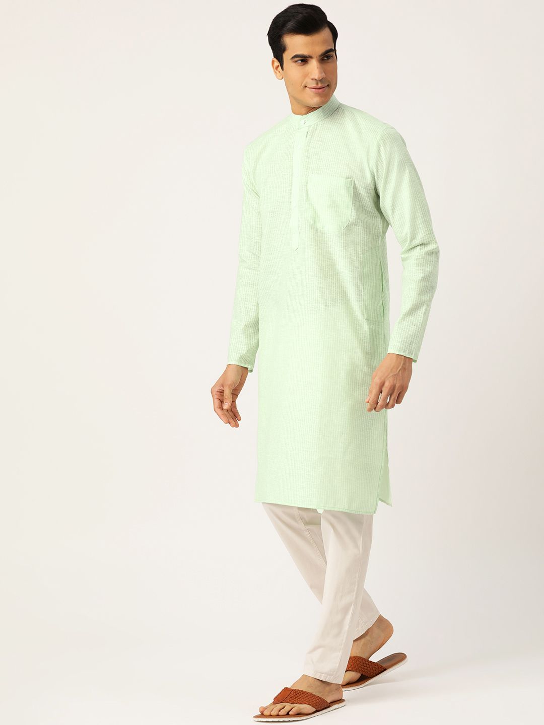SOJANYA Men Green & White Striped Straight Kurta
