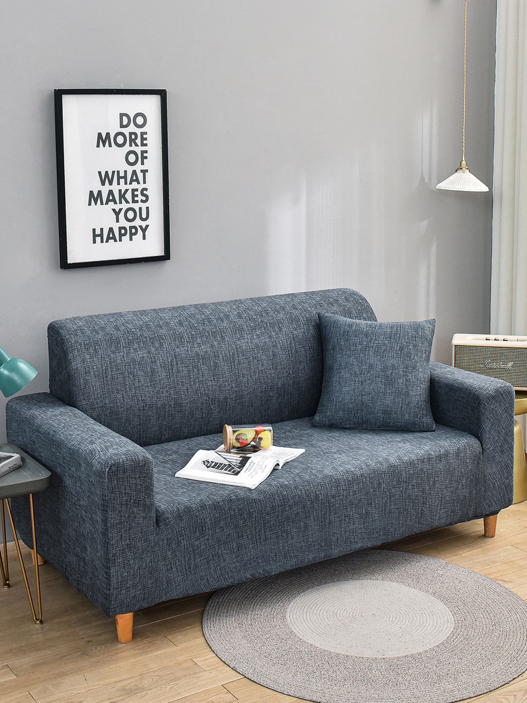 Story@home Grey & Black Printed 3 Seater Stretchable Sofa Cover With Arms