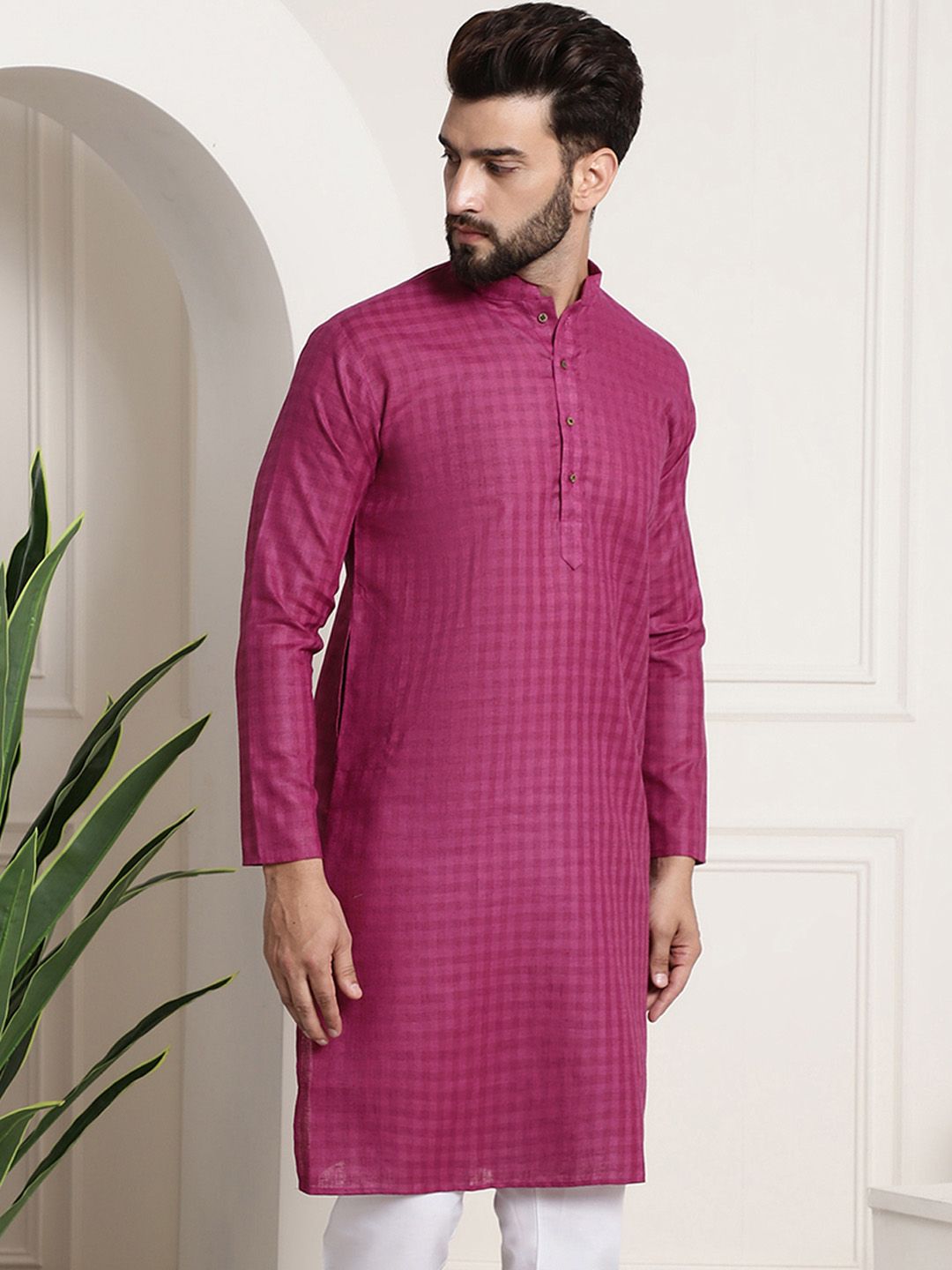 SOJANYA Kolar Mandarin Berpetak Lengan Panjang Kurta Lurus