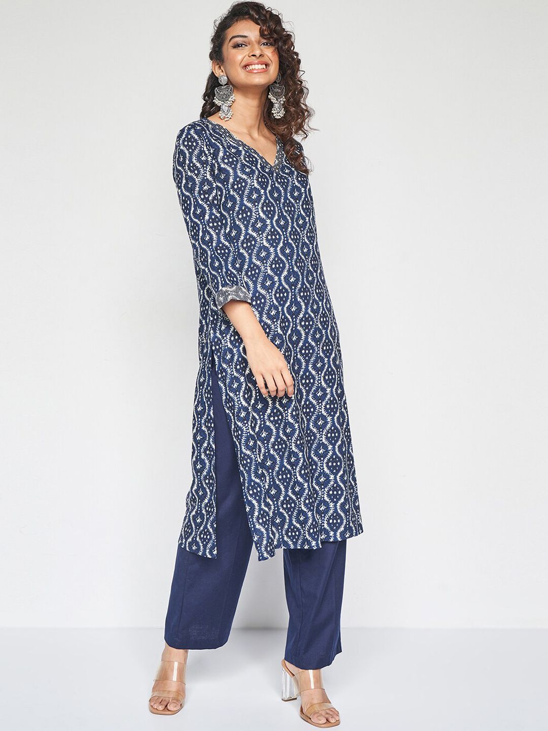 Global Desi Women Paisley Printed Flared Sleeves Chikankari Kurta