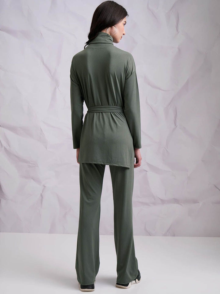 Tokyo Talkies Olive Green High Neck Top With Trousers
