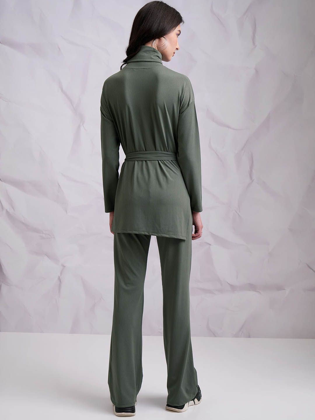 Tokyo Talkies Olive Green High Neck Top With Trousers
