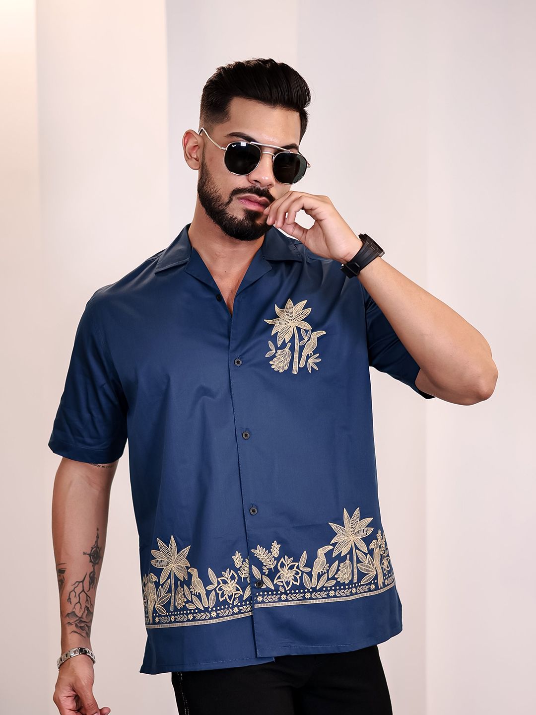 Eszett Men Floral Printed Cuban Collar Cotton Casual Shirt