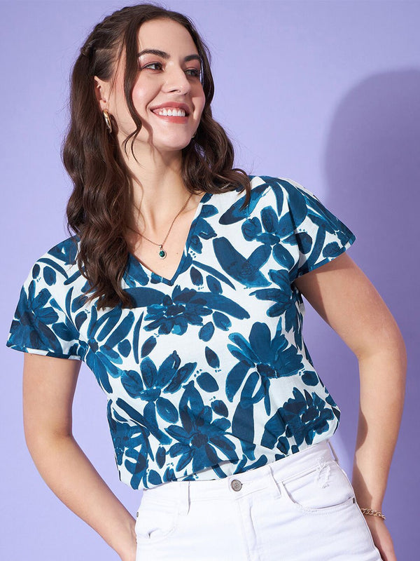Berrylush Navy Blue Floral Printed V-Neck Extended Sleeves Pure Cotton Top