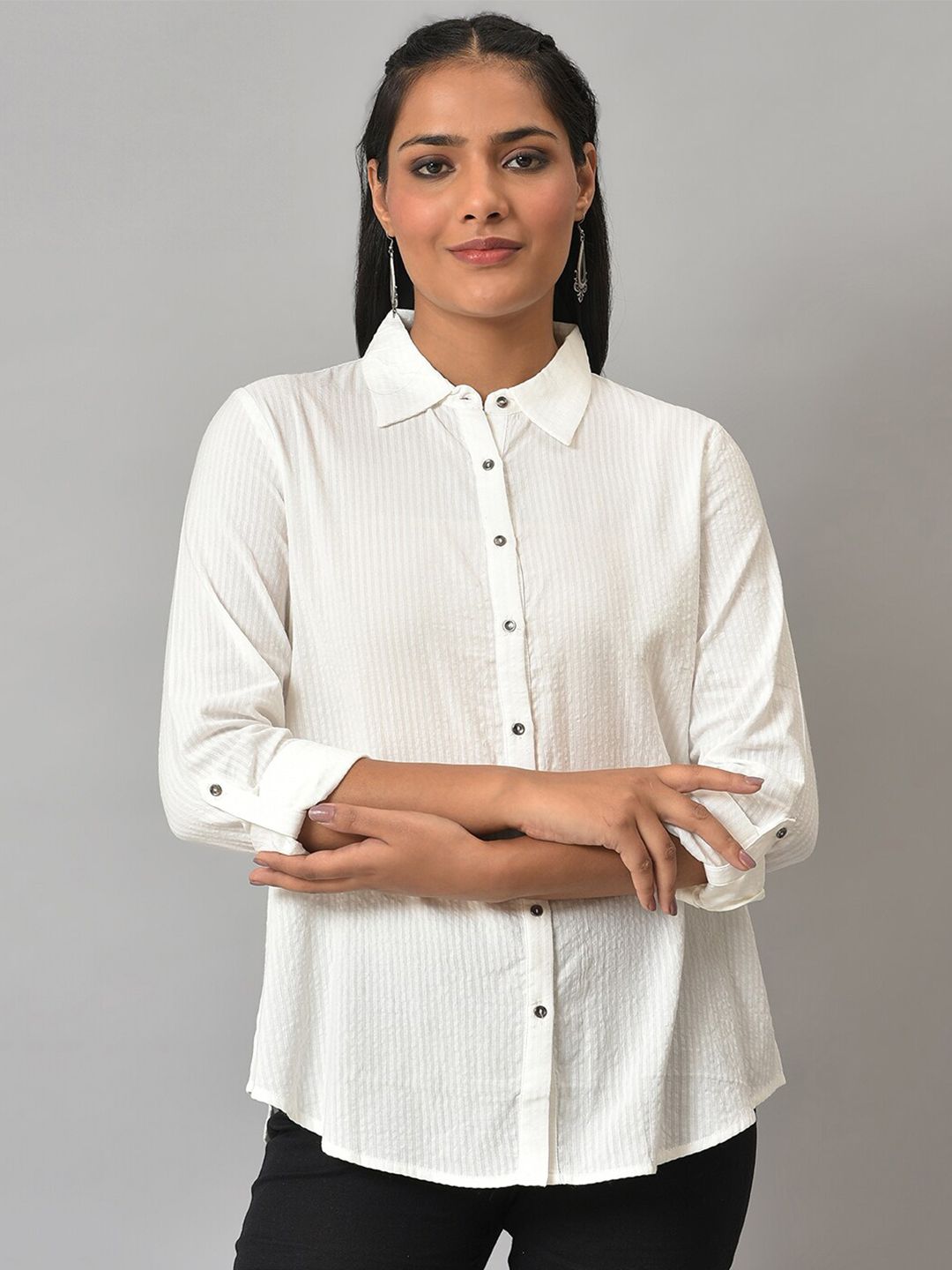 W Opaque Pure Cotton Striped Casual Shirt