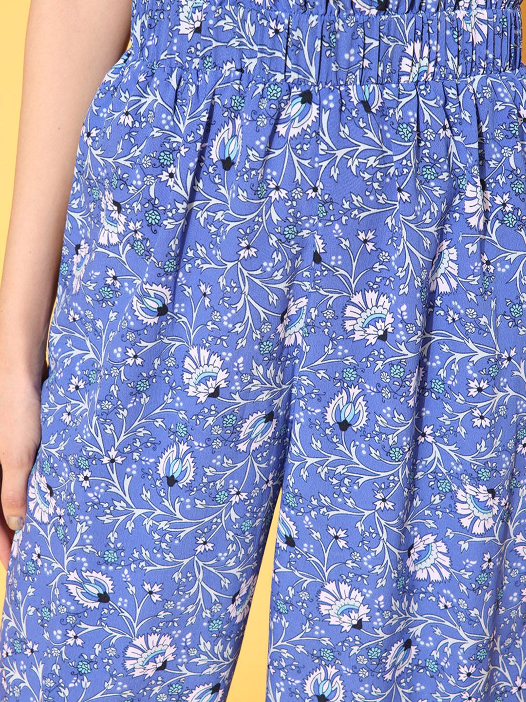 Berrylush Women Elegant Blue Floral Roman Column Trousers