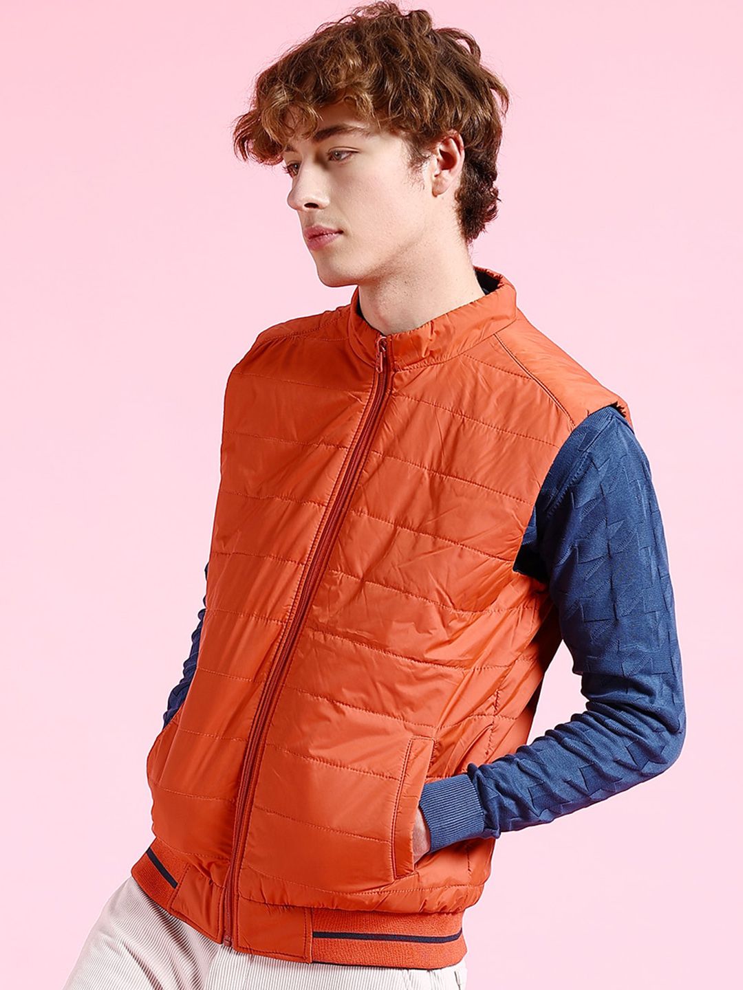 The Indian Garage Co Men Blue Colourblocked Reversible Crop Outdoor Padded Jacket
