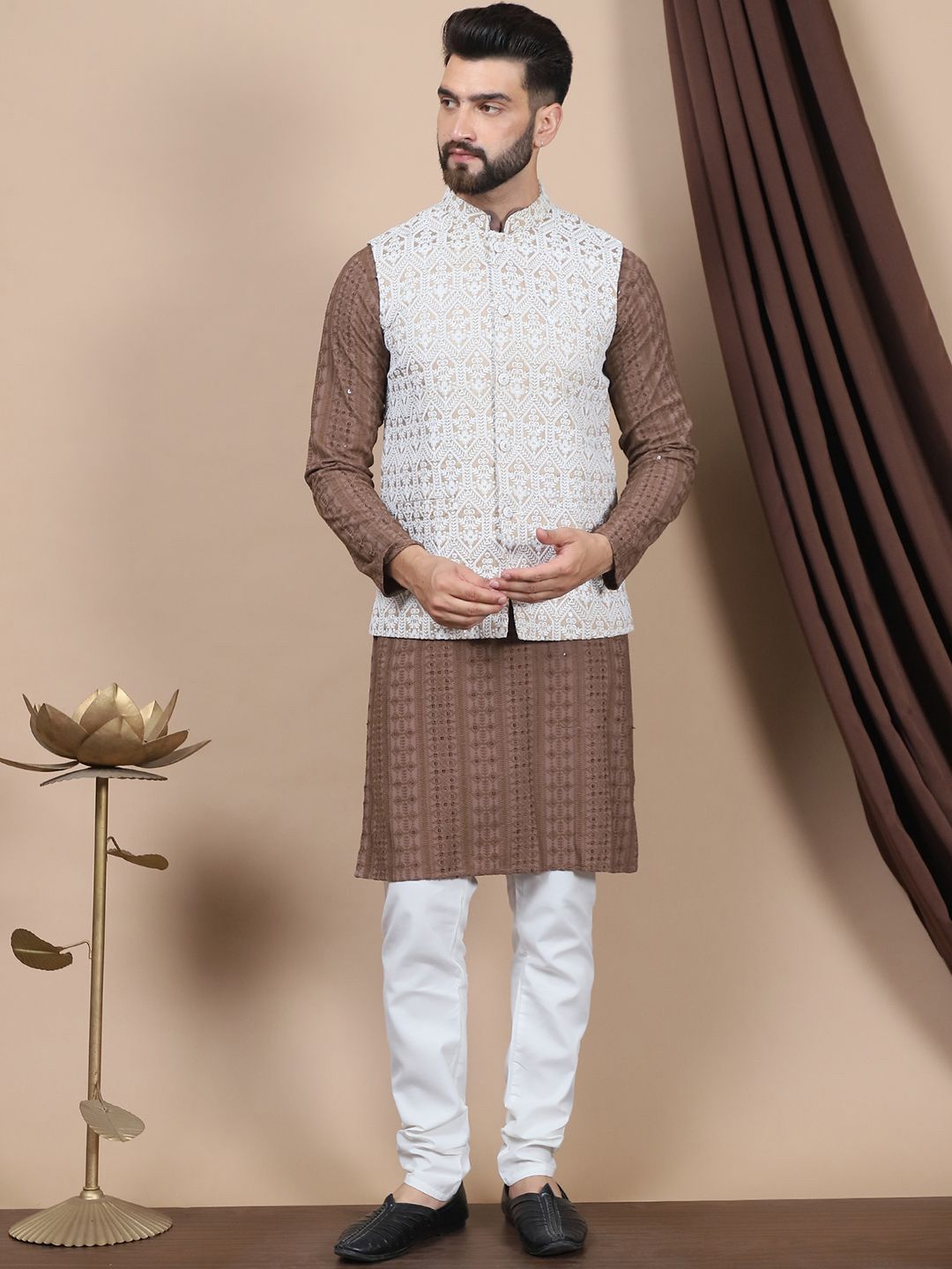 Anouk Brown Floral Embroidered Straight Thread Work Pure Cotton Kurta with Churidar